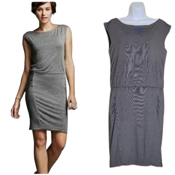 Athleta Westwood Dress Micro Stripe Gray Sleeveless Ruched Size M - Picture 14 of 14